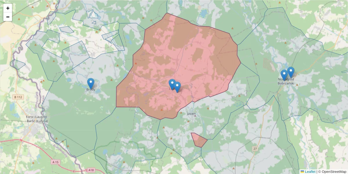 Szczegółowa mapa kodu pocztowego 68-300 z granicami, sąsiednimi kodami pocztowymi i urzędami pocztowymi