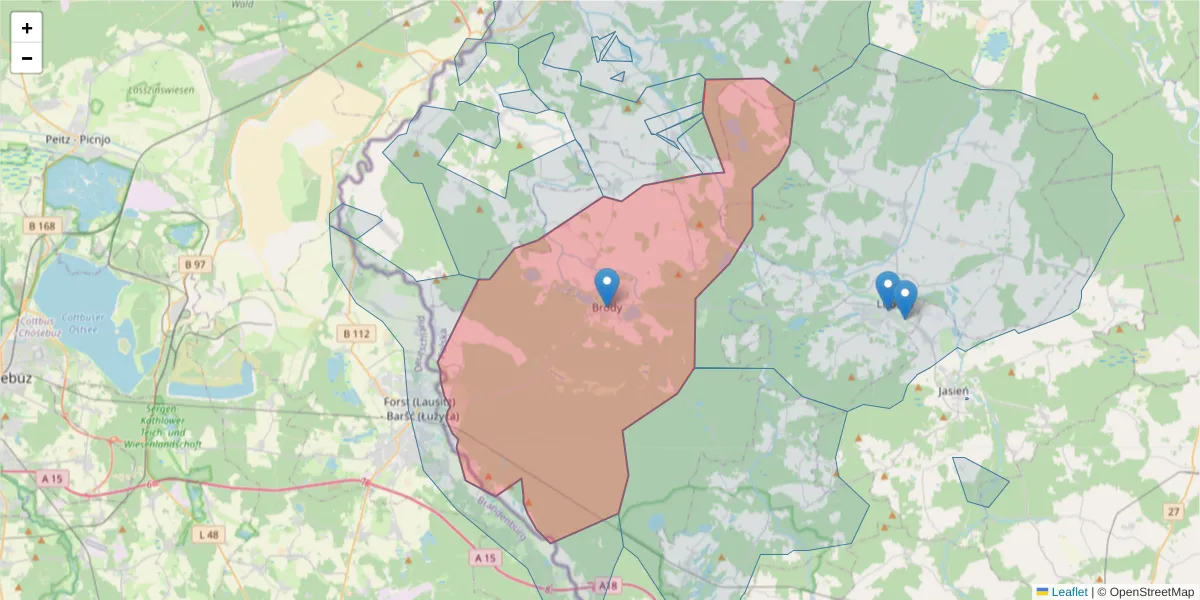 Szczegółowa mapa kodu pocztowego 68-343 z granicami, sąsiednimi kodami pocztowymi i urzędami pocztowymi