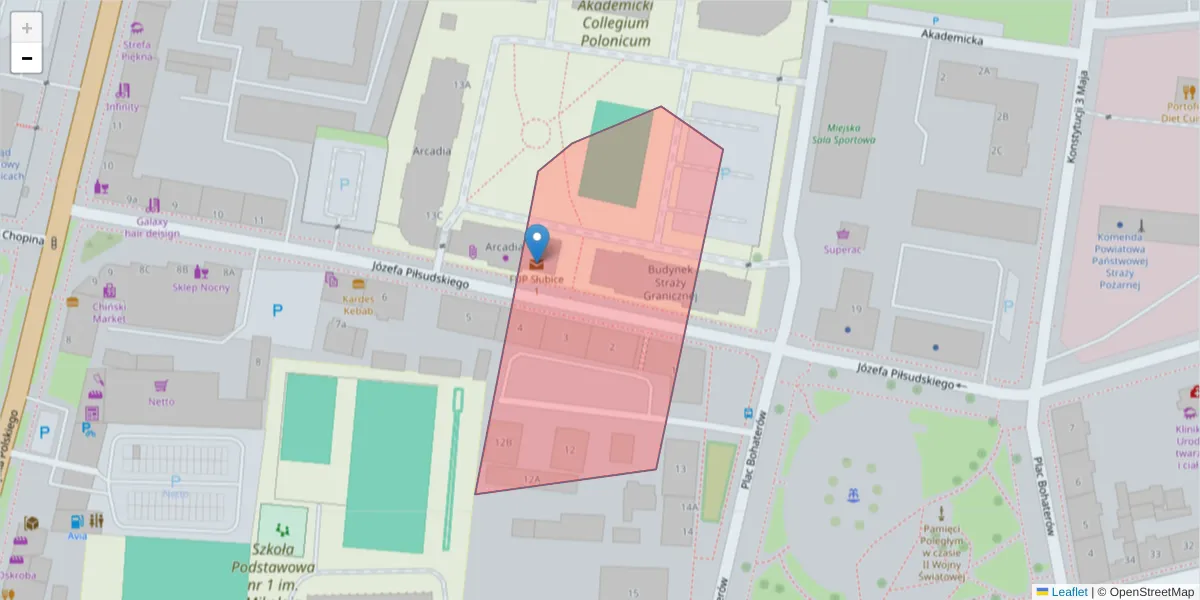Szczegółowa mapa kodu pocztowego 69-101 z granicami, sąsiednimi kodami pocztowymi i urzędami pocztowymi