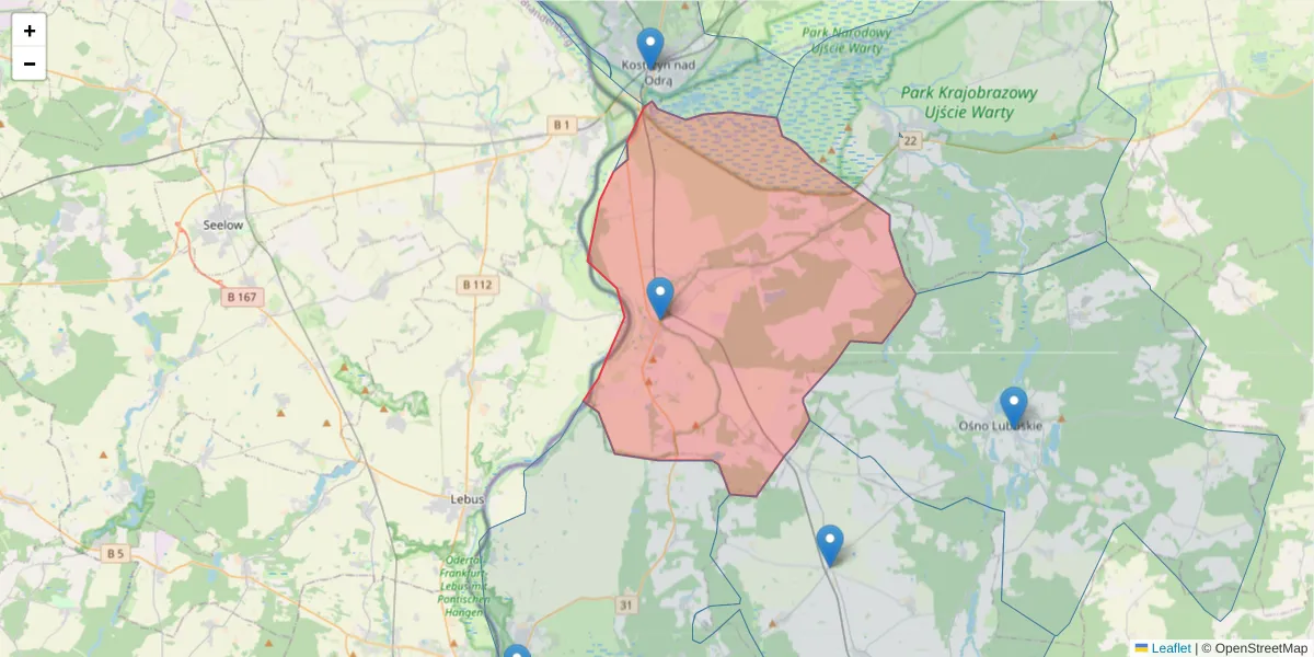 Szczegółowa mapa kodu pocztowego 69-113 z granicami, sąsiednimi kodami pocztowymi i urzędami pocztowymi