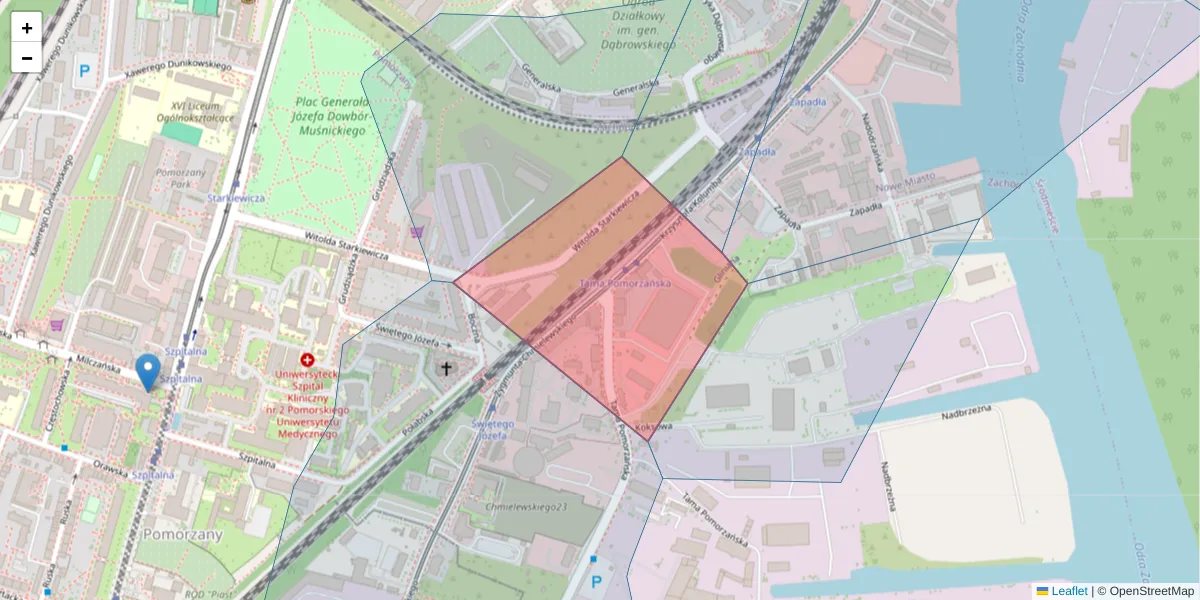 Szczegółowa mapa kodu pocztowego 70-037 z granicami, sąsiednimi kodami pocztowymi i urzędami pocztowymi