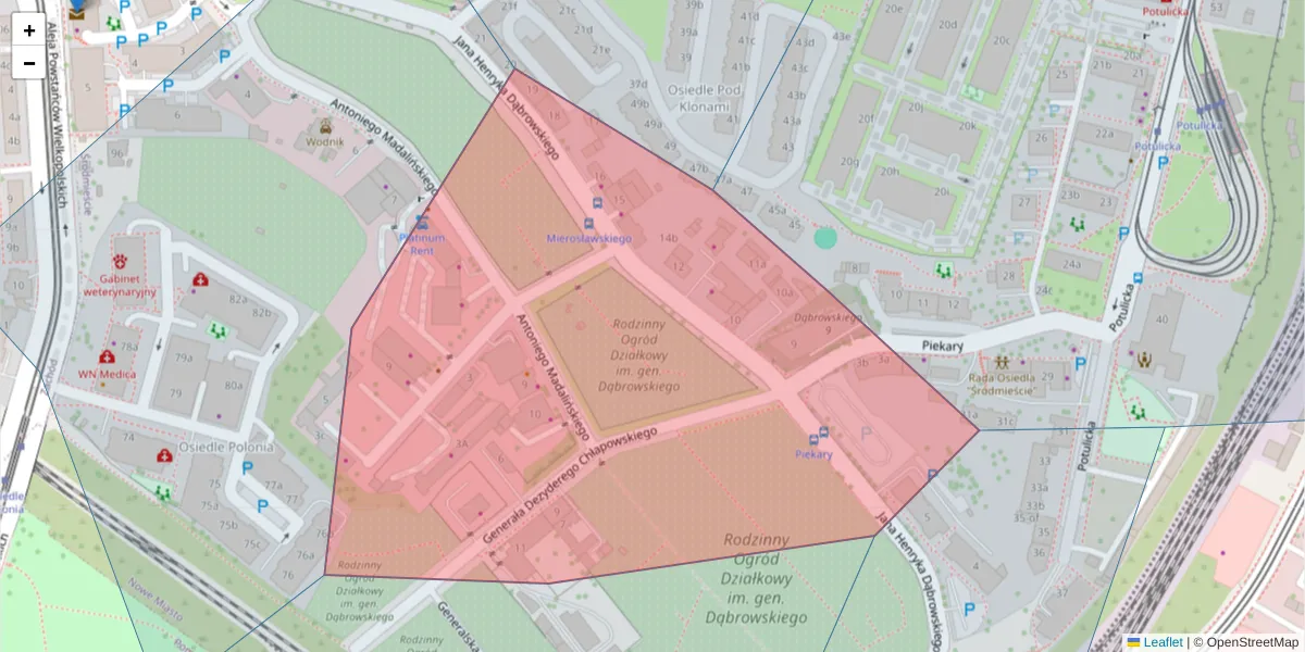 Szczegółowa mapa kodu pocztowego 70-102 z granicami, sąsiednimi kodami pocztowymi i urzędami pocztowymi
