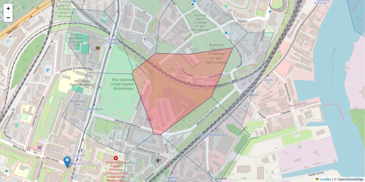 Szczegółowa mapa kodu pocztowego 70-103 z granicami, sąsiednimi kodami pocztowymi i urzędami pocztowymi