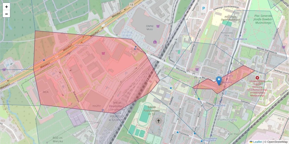 Szczegółowa mapa kodu pocztowego 70-107 z granicami, sąsiednimi kodami pocztowymi i urzędami pocztowymi