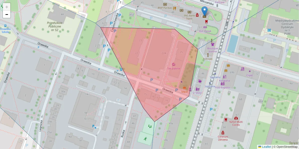 Szczegółowa mapa kodu pocztowego 70-131 z granicami, sąsiednimi kodami pocztowymi i urzędami pocztowymi