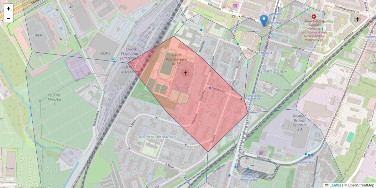 Szczegółowa mapa kodu pocztowego 70-134 z granicami, sąsiednimi kodami pocztowymi i urzędami pocztowymi