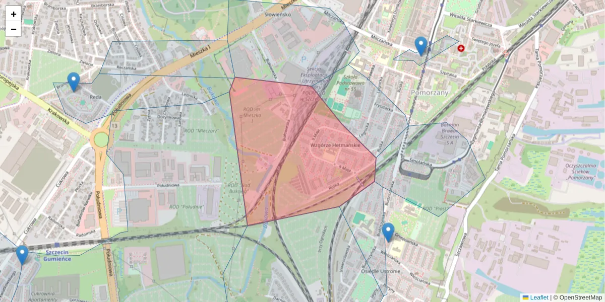 Szczegółowa mapa kodu pocztowego 70-136 z granicami, sąsiednimi kodami pocztowymi i urzędami pocztowymi