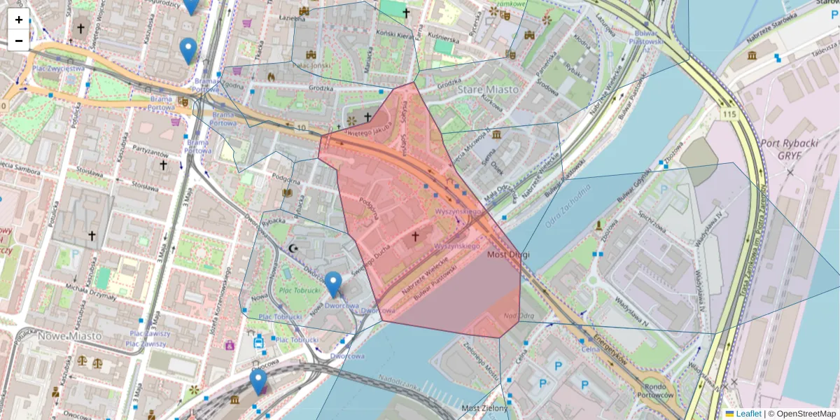 Szczegółowa mapa kodu pocztowego 70-203 z granicami, sąsiednimi kodami pocztowymi i urzędami pocztowymi