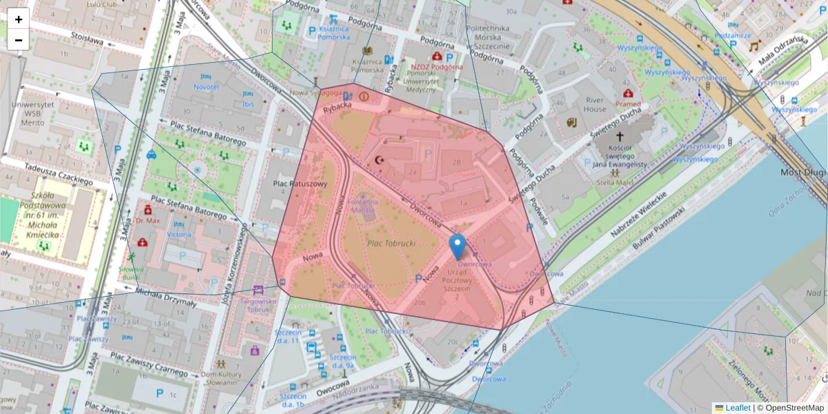 Szczegółowa mapa kodu pocztowego 70-206 z granicami, sąsiednimi kodami pocztowymi i urzędami pocztowymi