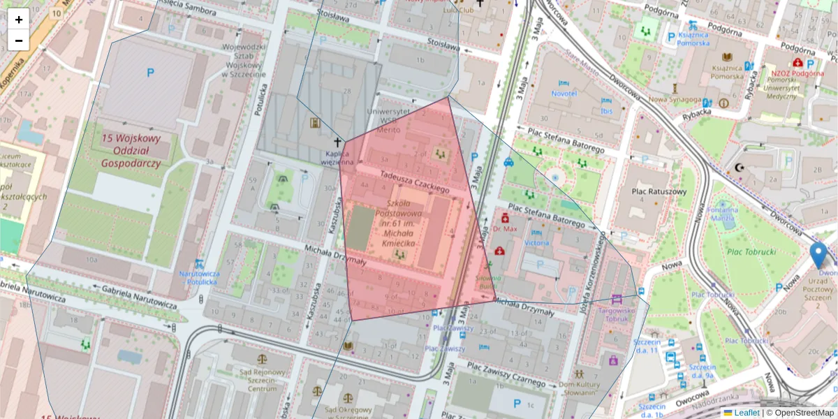 Szczegółowa mapa kodu pocztowego 70-214 z granicami, sąsiednimi kodami pocztowymi i urzędami pocztowymi