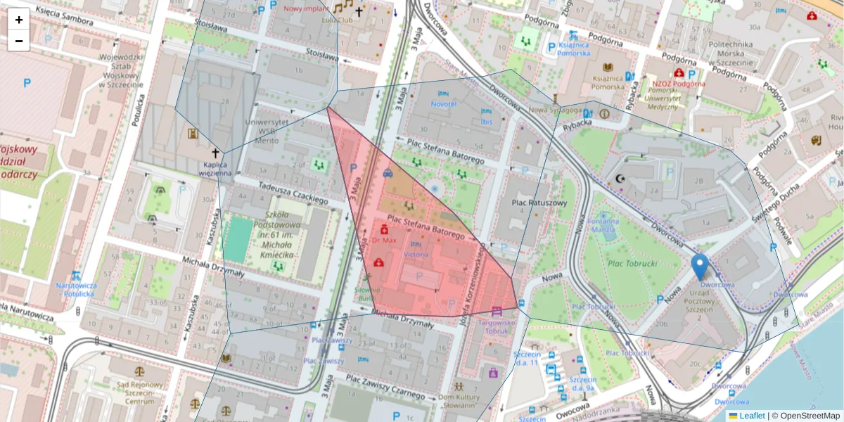 Szczegółowa mapa kodu pocztowego 70-215 z granicami, sąsiednimi kodami pocztowymi i urzędami pocztowymi