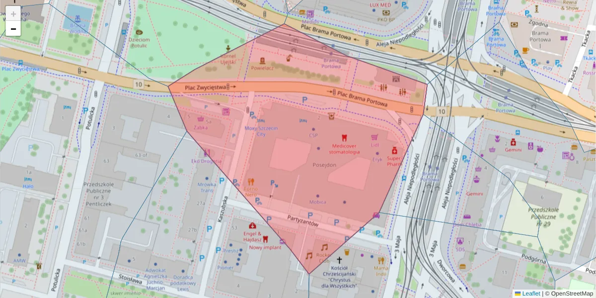 Szczegółowa mapa kodu pocztowego 70-225 z granicami, sąsiednimi kodami pocztowymi i urzędami pocztowymi