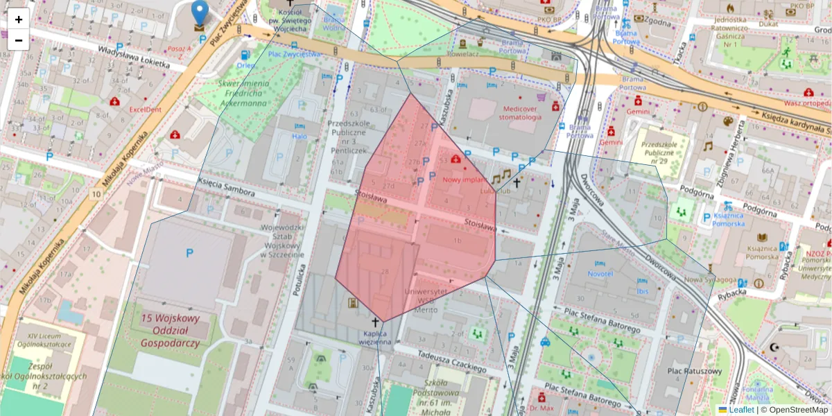 Szczegółowa mapa kodu pocztowego 70-226 z granicami, sąsiednimi kodami pocztowymi i urzędami pocztowymi