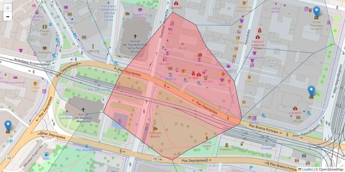 Szczegółowa mapa kodu pocztowego 70-233 z granicami, sąsiednimi kodami pocztowymi i urzędami pocztowymi
