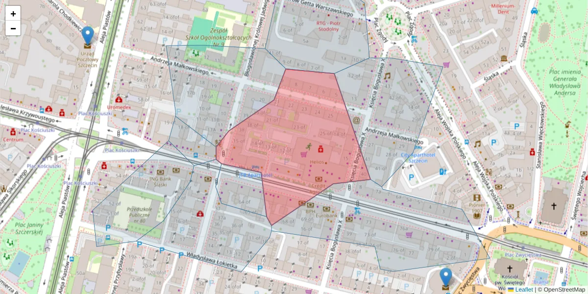 Szczegółowa mapa kodu pocztowego 70-250 z granicami, sąsiednimi kodami pocztowymi i urzędami pocztowymi