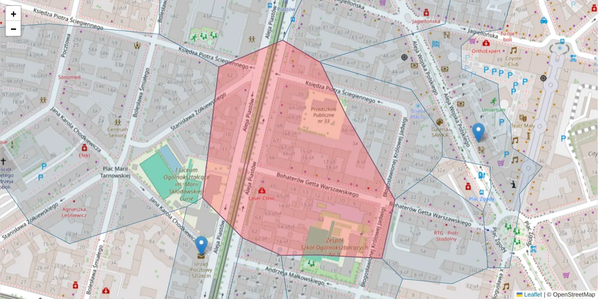Szczegółowa mapa kodu pocztowego 70-303 z granicami, sąsiednimi kodami pocztowymi i urzędami pocztowymi