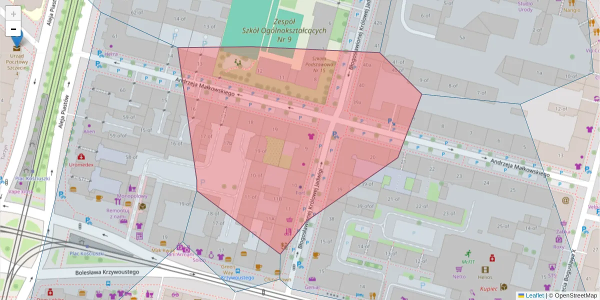 Szczegółowa mapa kodu pocztowego 70-307 z granicami, sąsiednimi kodami pocztowymi i urzędami pocztowymi