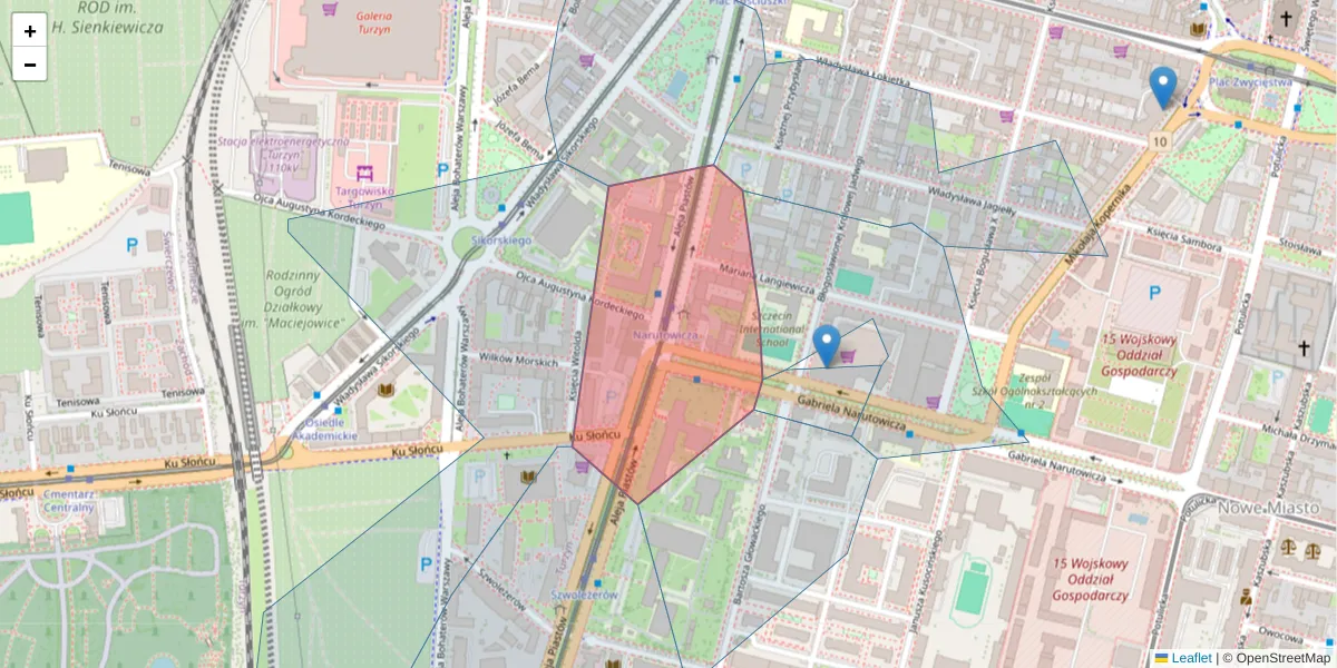 Szczegółowa mapa kodu pocztowego 70-311 z granicami, sąsiednimi kodami pocztowymi i urzędami pocztowymi
