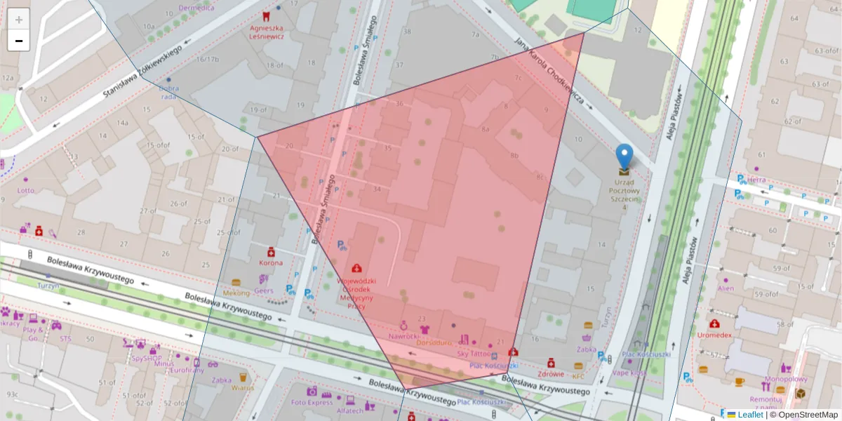 Szczegółowa mapa kodu pocztowego 70-314 z granicami, sąsiednimi kodami pocztowymi i urzędami pocztowymi