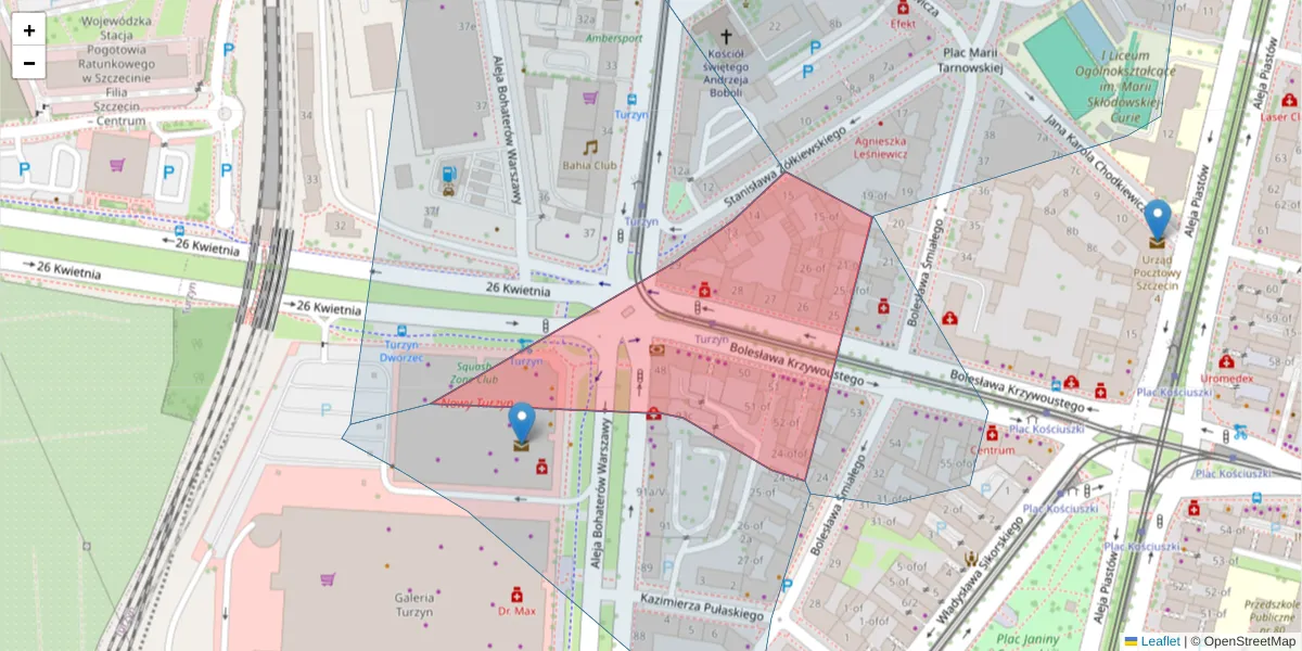 Szczegółowa mapa kodu pocztowego 70-317 z granicami, sąsiednimi kodami pocztowymi i urzędami pocztowymi