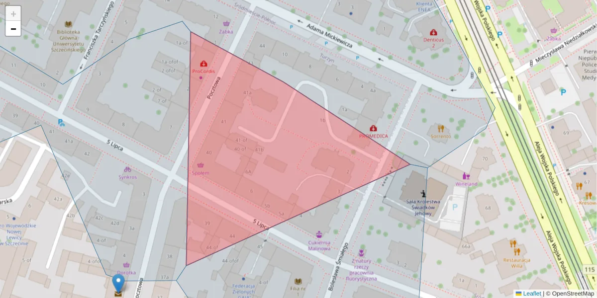 Szczegółowa mapa kodu pocztowego 70-374 z granicami, sąsiednimi kodami pocztowymi i urzędami pocztowymi