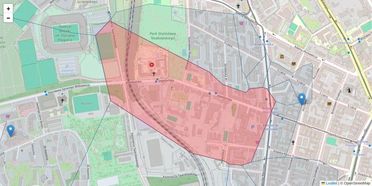 Szczegółowa mapa kodu pocztowego 70-382 z granicami, sąsiednimi kodami pocztowymi i urzędami pocztowymi