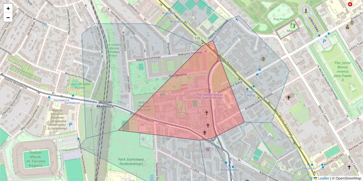 Szczegółowa mapa kodu pocztowego 70-392 z granicami, sąsiednimi kodami pocztowymi i urzędami pocztowymi
