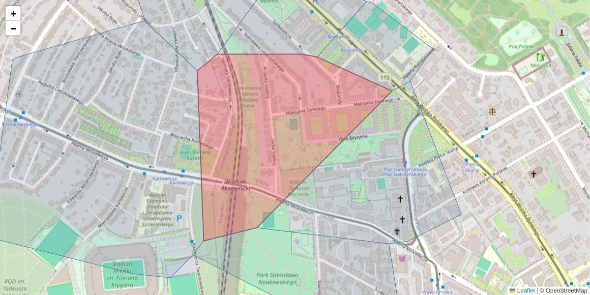 Szczegółowa mapa kodu pocztowego 70-393 z granicami, sąsiednimi kodami pocztowymi i urzędami pocztowymi