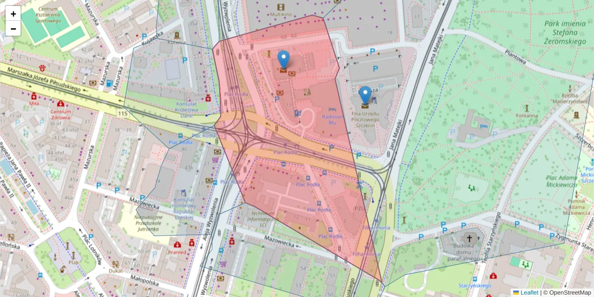 Szczegółowa mapa kodu pocztowego 70-419 z granicami, sąsiednimi kodami pocztowymi i urzędami pocztowymi