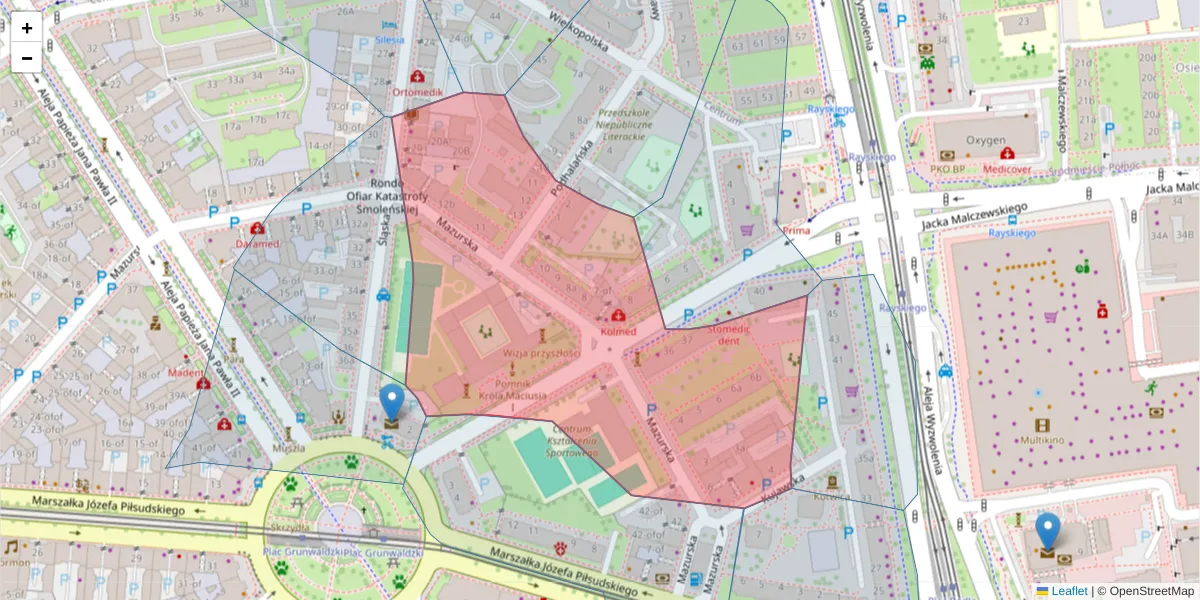 Szczegółowa mapa kodu pocztowego 70-424 z granicami, sąsiednimi kodami pocztowymi i urzędami pocztowymi