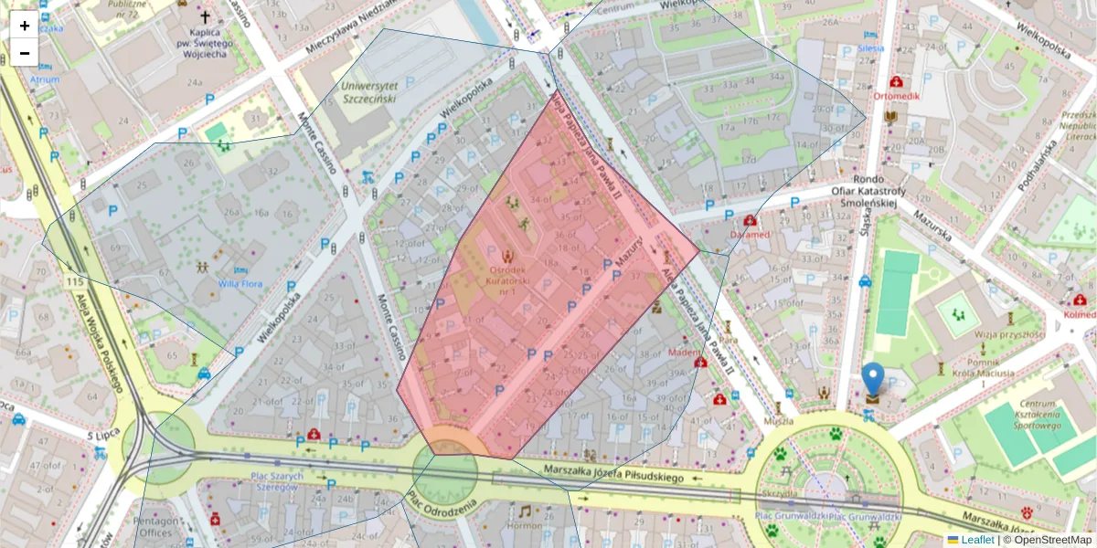 Szczegółowa mapa kodu pocztowego 70-444 z granicami, sąsiednimi kodami pocztowymi i urzędami pocztowymi