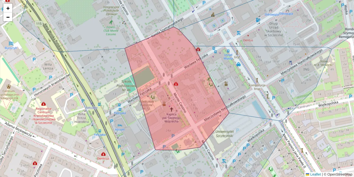 Szczegółowa mapa kodu pocztowego 70-466 z granicami, sąsiednimi kodami pocztowymi i urzędami pocztowymi