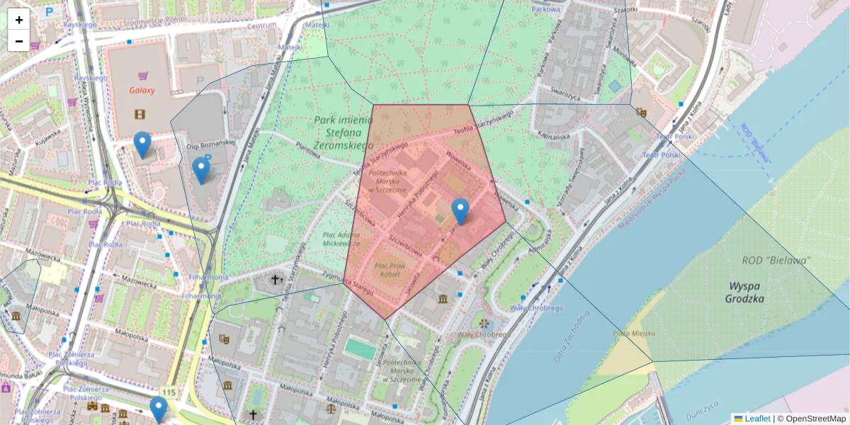 Szczegółowa mapa kodu pocztowego 70-501 z granicami, sąsiednimi kodami pocztowymi i urzędami pocztowymi