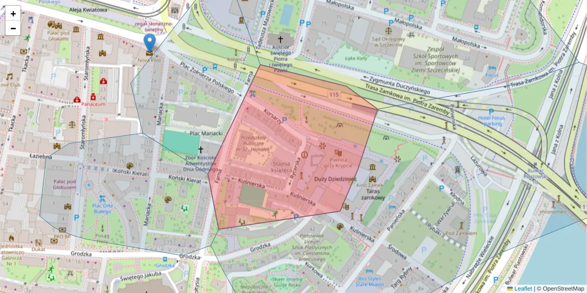 Szczegółowa mapa kodu pocztowego 70-540 z granicami, sąsiednimi kodami pocztowymi i urzędami pocztowymi