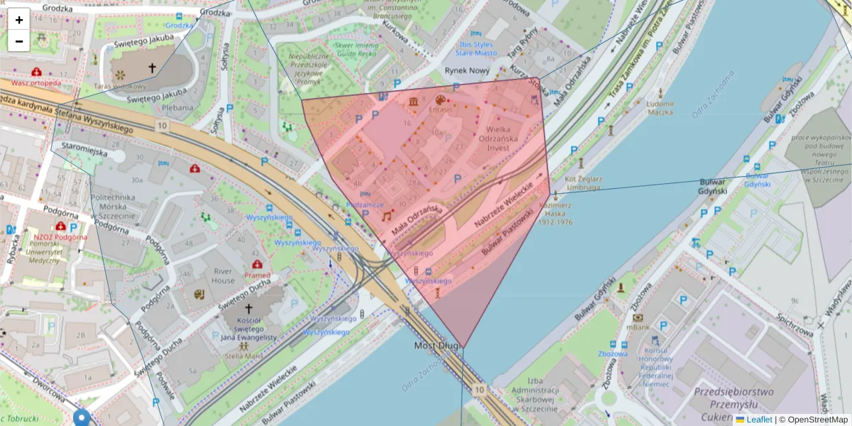 Szczegółowa mapa kodu pocztowego 70-542 z granicami, sąsiednimi kodami pocztowymi i urzędami pocztowymi