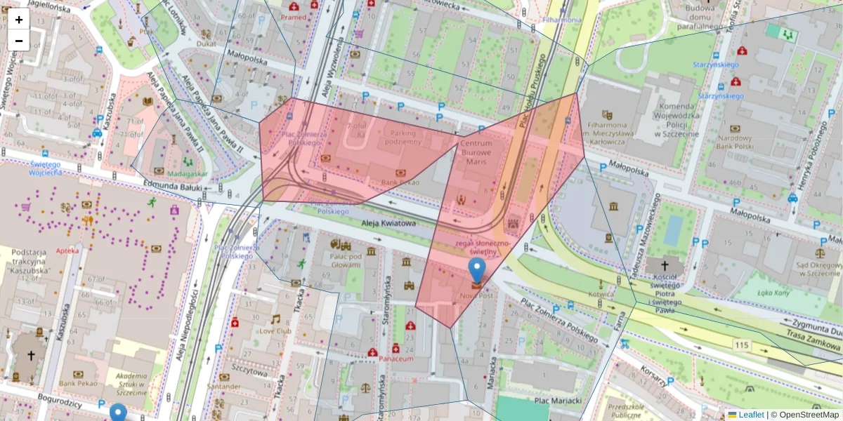 Szczegółowa mapa kodu pocztowego 70-551 z granicami, sąsiednimi kodami pocztowymi i urzędami pocztowymi