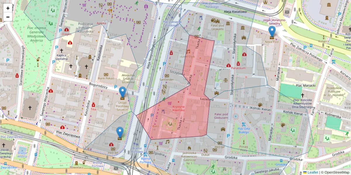 Szczegółowa mapa kodu pocztowego 70-556 z granicami, sąsiednimi kodami pocztowymi i urzędami pocztowymi