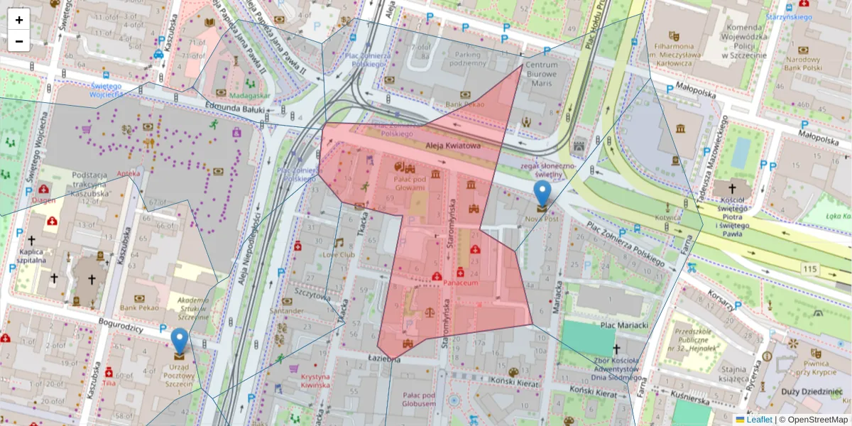 Szczegółowa mapa kodu pocztowego 70-561 z granicami, sąsiednimi kodami pocztowymi i urzędami pocztowymi