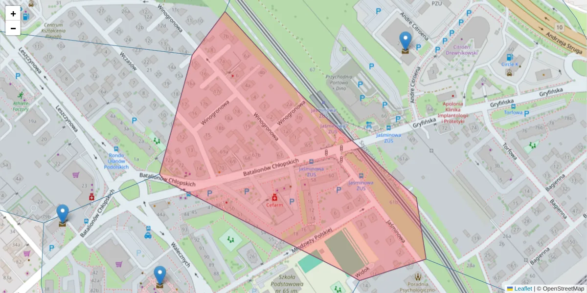 Szczegółowa mapa kodu pocztowego 70-770 z granicami, sąsiednimi kodami pocztowymi i urzędami pocztowymi