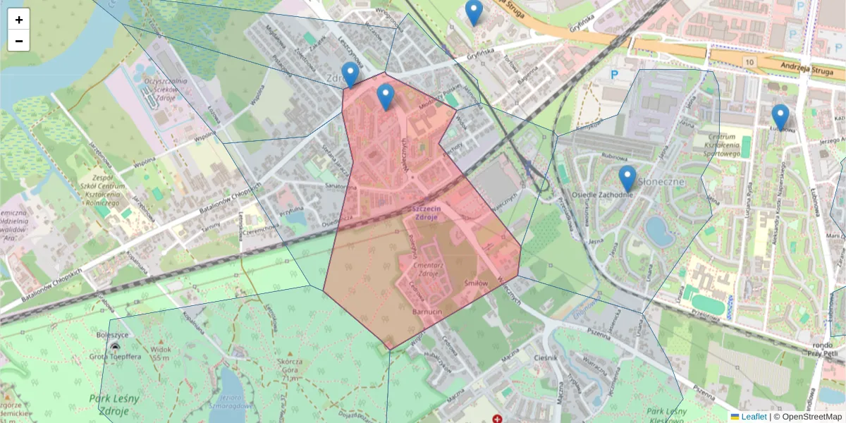 Szczegółowa mapa kodu pocztowego 70-774 z granicami, sąsiednimi kodami pocztowymi i urzędami pocztowymi