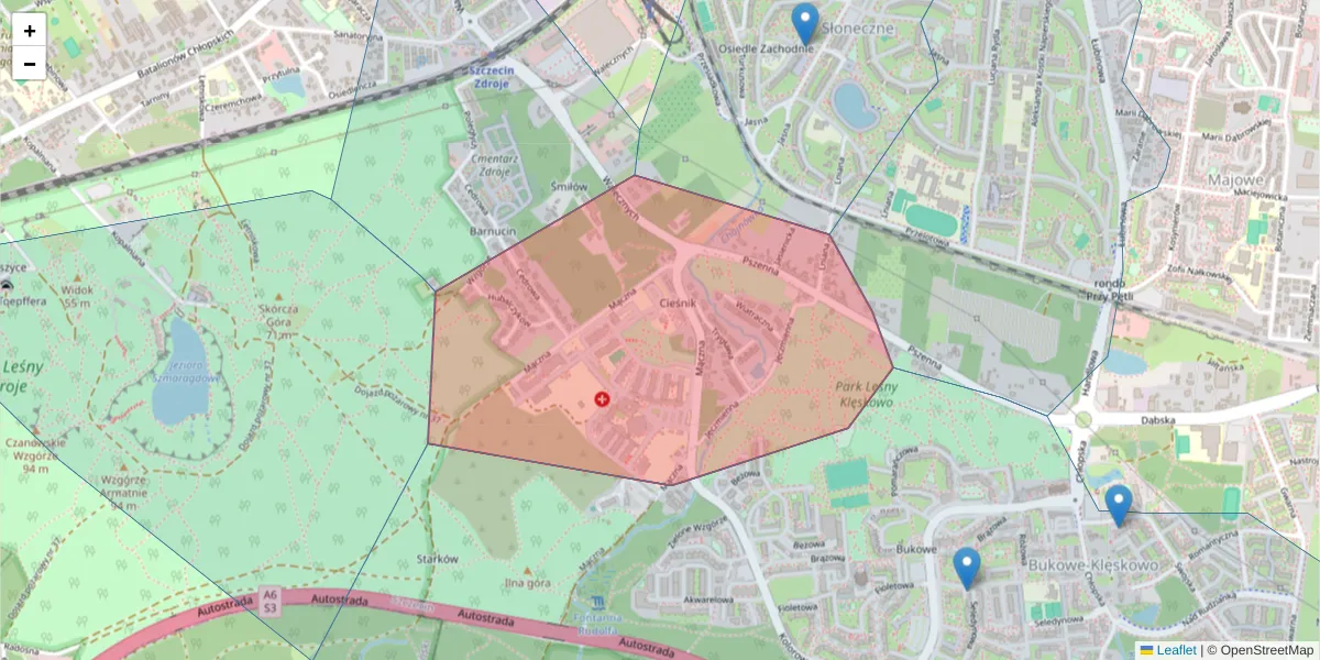Szczegółowa mapa kodu pocztowego 70-780 z granicami, sąsiednimi kodami pocztowymi i urzędami pocztowymi