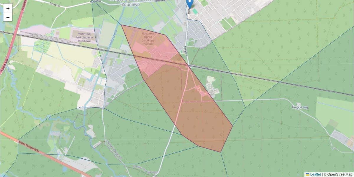 Szczegółowa mapa kodu pocztowego 70-877 z granicami, sąsiednimi kodami pocztowymi i urzędami pocztowymi