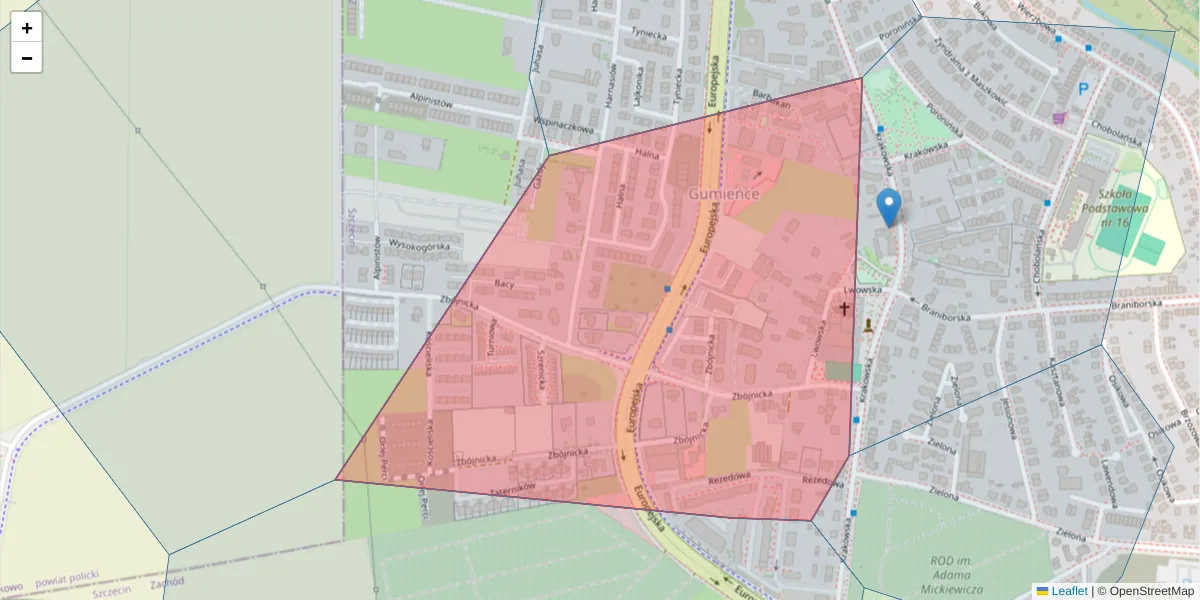 Szczegółowa mapa kodu pocztowego 71-069 z granicami, sąsiednimi kodami pocztowymi i urzędami pocztowymi