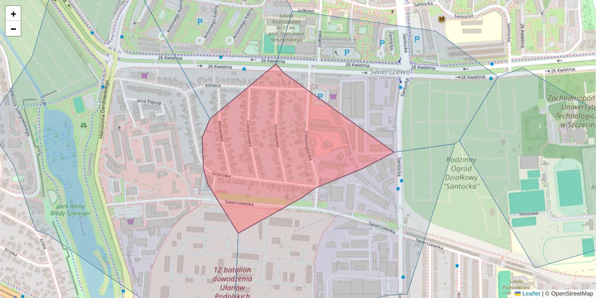 Szczegółowa mapa kodu pocztowego 71-084 z granicami, sąsiednimi kodami pocztowymi i urzędami pocztowymi