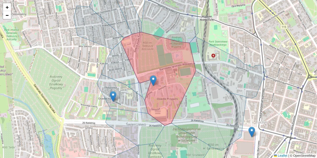 Szczegółowa mapa kodu pocztowego 71-113 z granicami, sąsiednimi kodami pocztowymi i urzędami pocztowymi