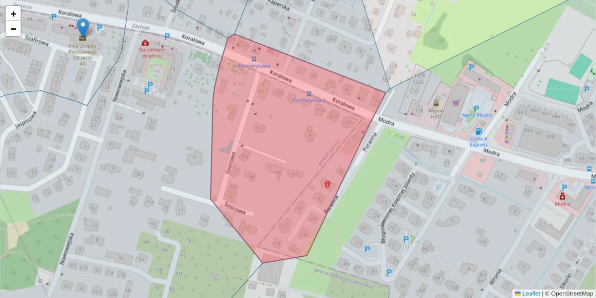 Szczegółowa mapa kodu pocztowego 71-217 z granicami, sąsiednimi kodami pocztowymi i urzędami pocztowymi