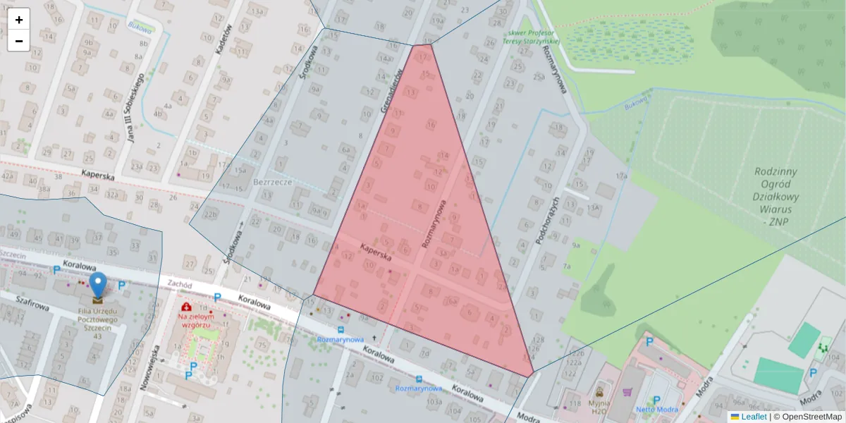 Szczegółowa mapa kodu pocztowego 71-223 z granicami, sąsiednimi kodami pocztowymi i urzędami pocztowymi