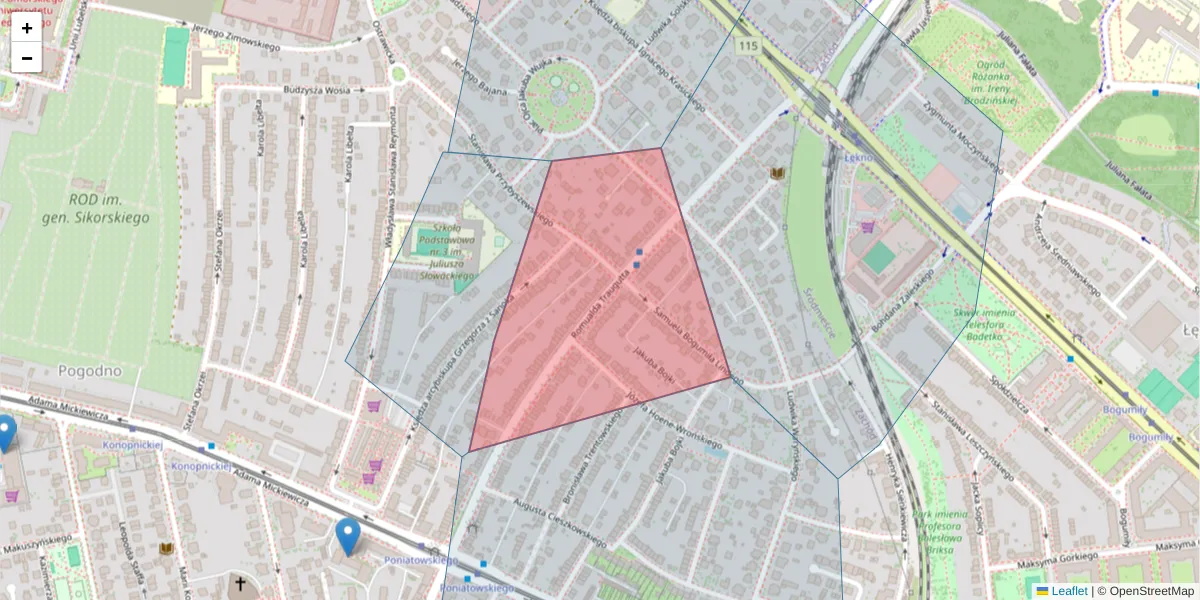 Szczegółowa mapa kodu pocztowego 71-300 z granicami, sąsiednimi kodami pocztowymi i urzędami pocztowymi