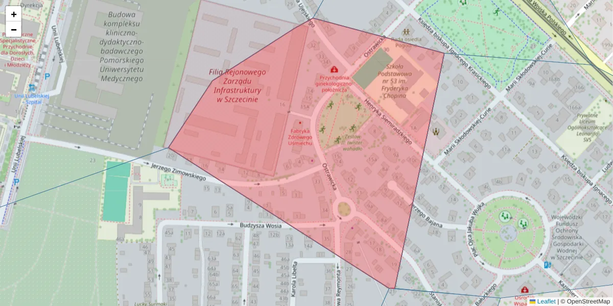 Szczegółowa mapa kodu pocztowego 71-331 z granicami, sąsiednimi kodami pocztowymi i urzędami pocztowymi