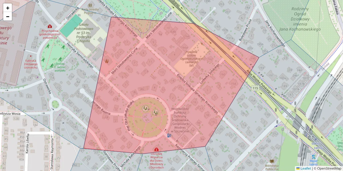 Szczegółowa mapa kodu pocztowego 71-332 z granicami, sąsiednimi kodami pocztowymi i urzędami pocztowymi